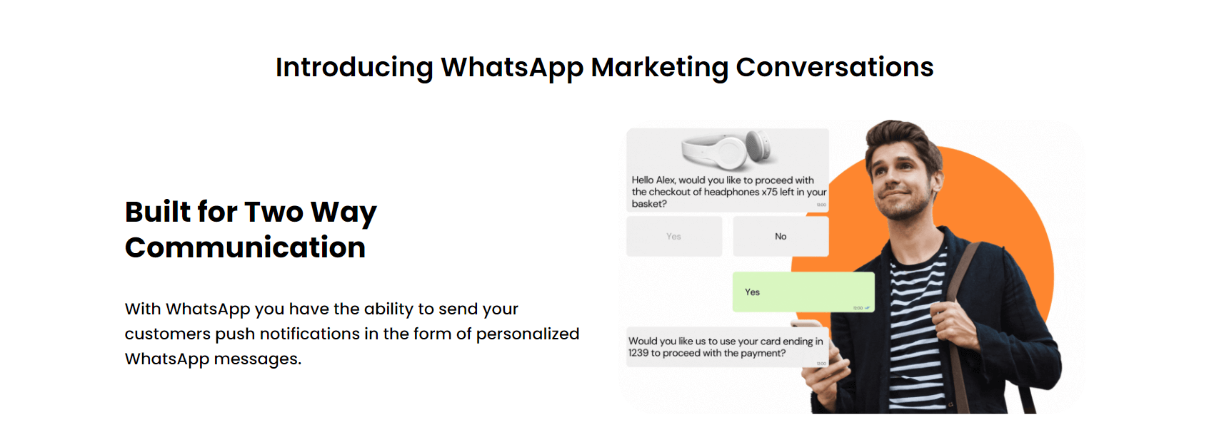 featuring a smartphone with WhatsApp messaging app, showing personalized messages being sent to different customer segments
