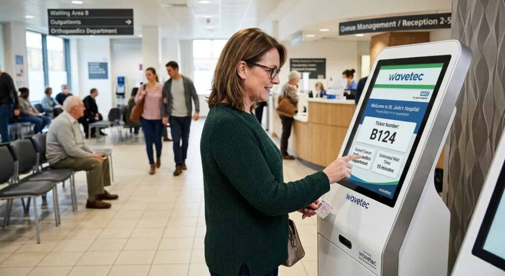 Healthcare Queue Management System: Cutting Patient Queueing Time 1 Patient using a wavetec hospital queue management system kiosk to check in at reception